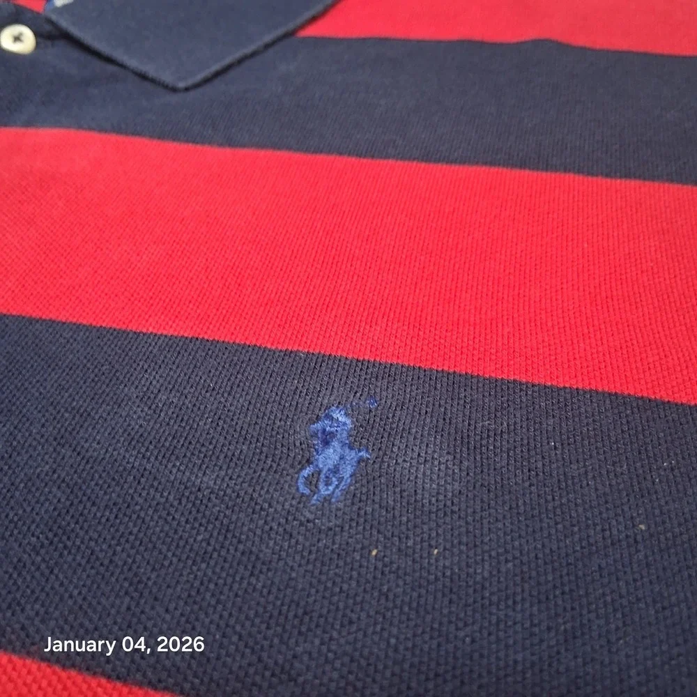 VTG Polo by‎ Ralph Lauren Shirt Size 2XL Red Blue Striped Cuffed Sleeve Pony